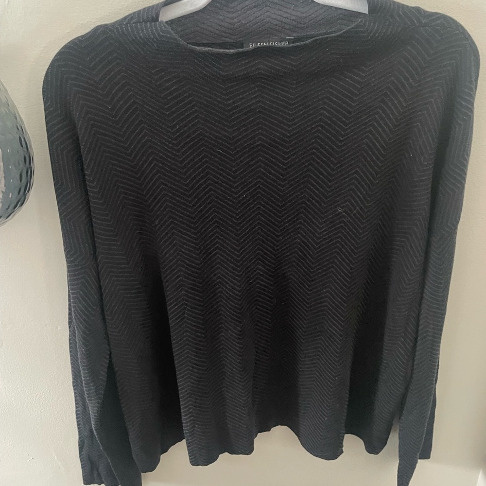 Eileen Fisher, large, dark grey with black stripes, designed light sweater.